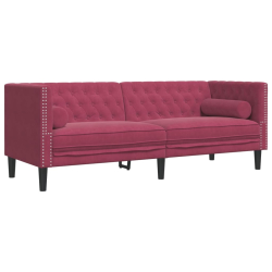 Sofa Chesterfield z wałkami, trzyosobowa, bordowa, aksamit