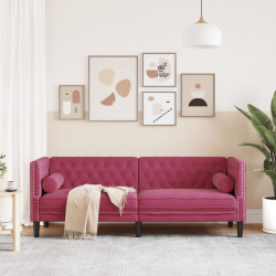 Sofa Chesterfield z wałkami, trzyosobowa, bordowa, aksamit