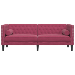 Sofa Chesterfield z wałkami, trzyosobowa, bordowa, aksamit