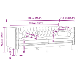 Sofa Chesterfield z wałkami, trzyosobowa, bordowa, aksamit