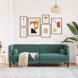 Sofa Chesterfield z wałkami, 3-osobowa, ciemnozielona, aksamit