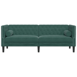 Sofa Chesterfield z wałkami, 3-osobowa, ciemnozielona, aksamit
