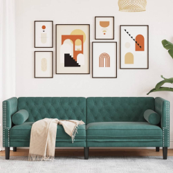 Sofa Chesterfield z wałkami, 3-osobowa, ciemnozielona, aksamit