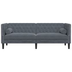 Sofa Chesterfield z wałkami, trzyosobowa, ciemnoszara, aksamit