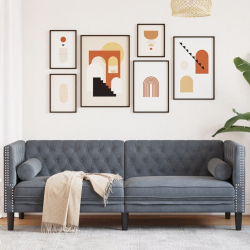 Sofa Chesterfield z wałkami, trzyosobowa, ciemnoszara, aksamit