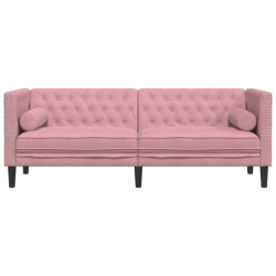 Sofa Chesterfield z wałkami, trzyosobowa, różowa, aksamit