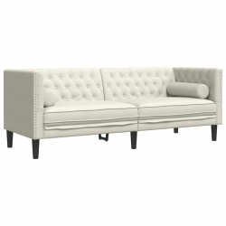 Sofa Chesterfield z wałkami, trzyosobowa, kremowa, aksamit