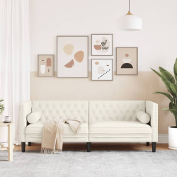 Sofa Chesterfield z wałkami, trzyosobowa, kremowa, aksamit