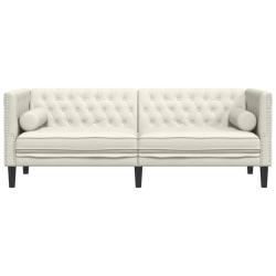 Sofa Chesterfield z wałkami, trzyosobowa, kremowa, aksamit