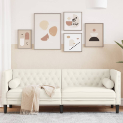 Sofa Chesterfield z wałkami, trzyosobowa, kremowa, aksamit