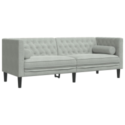 Sofa Chesterfield z wałkami, trzyosobowa, jasnoszara, aksamit