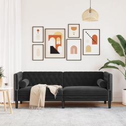 Sofa Chesterfield z wałkami, trzyosobowa, czarna, aksamit