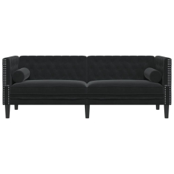 Sofa Chesterfield z wałkami, trzyosobowa, czarna, aksamit