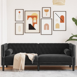 Sofa Chesterfield z wałkami, trzyosobowa, czarna, aksamit