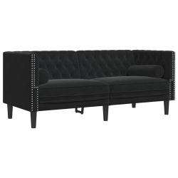 3-cz. wypoczynek Chesterfield z wałkami, czarny, aksamit