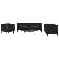 3-cz. wypoczynek Chesterfield z wałkami, czarny, aksamit