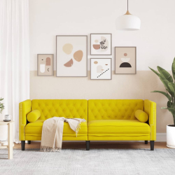 Sofa Chesterfield z wałkami, trzyosobowa, żółta, aksamit