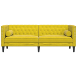 Sofa Chesterfield z wałkami, trzyosobowa, żółta, aksamit