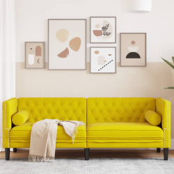 Sofa Chesterfield z wałkami, trzyosobowa, żółta, aksamit