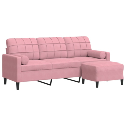 3-osobowa sofa z podnóżkiem, różowa, 180 cm, aksamitem