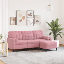3-osobowa sofa z podnóżkiem, różowa, 180 cm, aksamitem