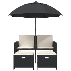 2-os. sofa ogrodowa z parasolem i stołkami, czarna, polirattan