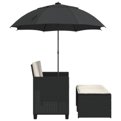 2-os. sofa ogrodowa z parasolem i stołkami, czarna, polirattan