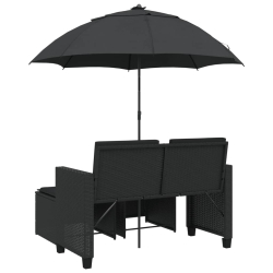 2-os. sofa ogrodowa z parasolem i stołkami, czarna, polirattan