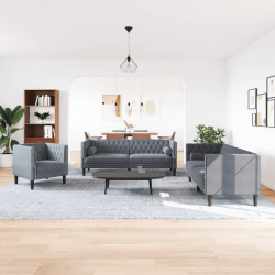 3-cz. wypoczynek Chesterfield z wałkami, ciemnoszary, aksamit