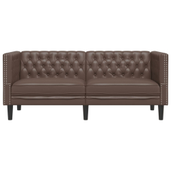 Sofa Chesterfield, 2-os., brązowa, tapicerowana sztuczną skórą