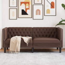 Sofa Chesterfield, 2-os., brązowa, tapicerowana sztuczną skórą
