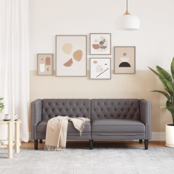 Sofa Chesterfield, 2-os., szara, tapicerowana sztuczną skórą