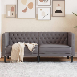 Sofa Chesterfield, 2-os., szara, tapicerowana sztuczną skórą
