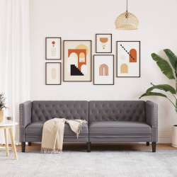 Sofa Chesterfield, 3-os., szara, tapicerowana sztuczną skórą