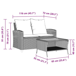 Sofa ogrodowa 2-osobowa z poduszkami i stołem Jasnoszary