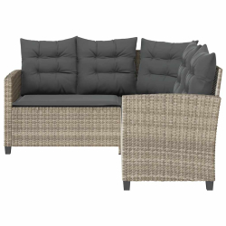 Sofa ogrodowa ze stołem i poduszkami w kształcie litery L