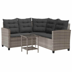 Sofa ogrodowa ze stołem i poduszkami w kształcie litery L