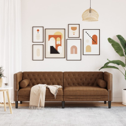 Sofa Chesterfield z wałkami, 3-os., brązowa, sztuczny zamsz
