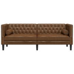 Sofa Chesterfield z wałkami, 3-os., brązowa, sztuczny zamsz