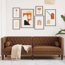 Sofa Chesterfield z wałkami, 3-os., brązowa, sztuczny zamsz