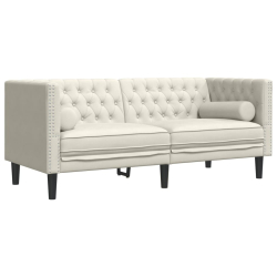 Sofa Chesterfield z wałkami, dwuosobowa, kremowa, aksamit