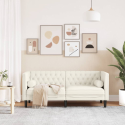 Sofa Chesterfield z wałkami, dwuosobowa, kremowa, aksamit