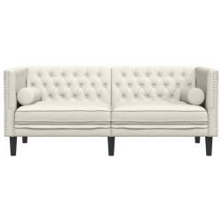 Sofa Chesterfield z wałkami, dwuosobowa, kremowa, aksamit