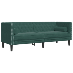3-cz. wypoczynek Chesterfield z wałkami, ciemnozielony, aksamit