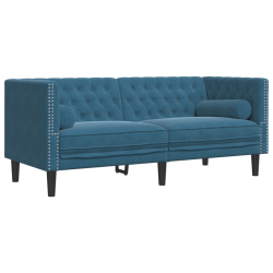 Sofa Chesterfield z wałkami, dwuosobowa, niebieska, aksamit