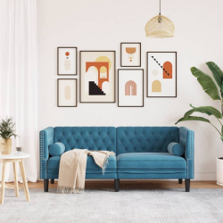 Sofa Chesterfield z wałkami, dwuosobowa, niebieska, aksamit