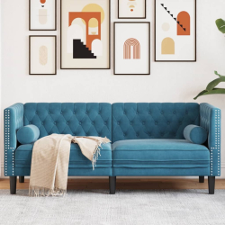 Sofa Chesterfield z wałkami, dwuosobowa, niebieska, aksamit