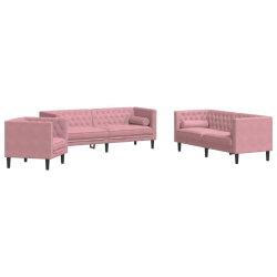 3-cz. wypoczynek Chesterfield z wałkami, różowy, aksamit