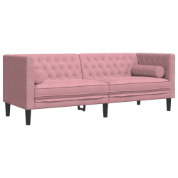 3-cz. wypoczynek Chesterfield z wałkami, różowy, aksamit