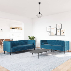 2-cz. wypoczynek Chesterfield z wałkami, niebieski, aksamit